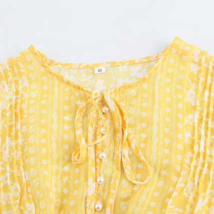 Onbely Robe Longue mousseline imprimé à fleurie Manches Longues Jaune boho dress