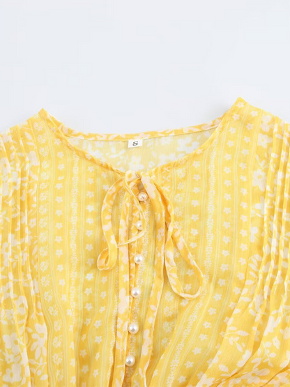 Onbely Robe Longue mousseline imprimé à fleurie Manches Longues Jaune
