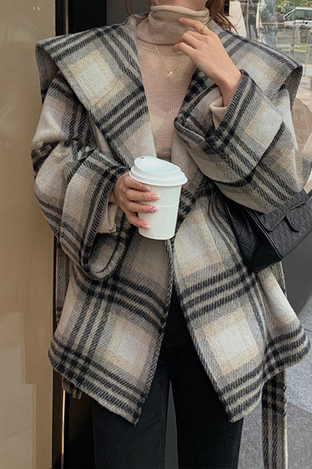 Onbely manteau en laine carreaux avec ceinture col marin femme mode