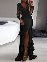 Onbely Long Evening Dress Side Slit Shiny Sequins Ruffles For Wedding Women Ceremony