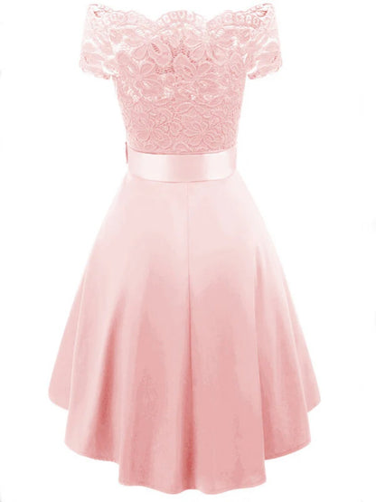 Onbely Robe Midi Vintage en Dentelle Ceinturée à Manches Courtes Cocktail