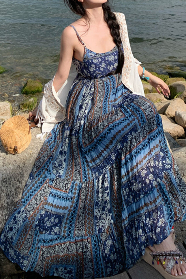 Onbely robe longue imprimé à fleurie à fines brides bohème bleu boho dress