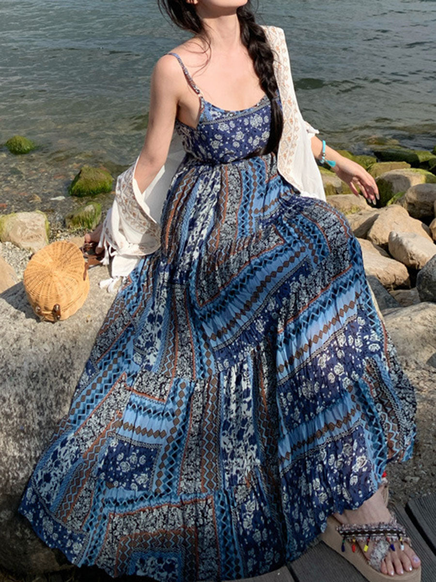 Onbely robe longue imprimé à fleurie à fines brides bohème bleu