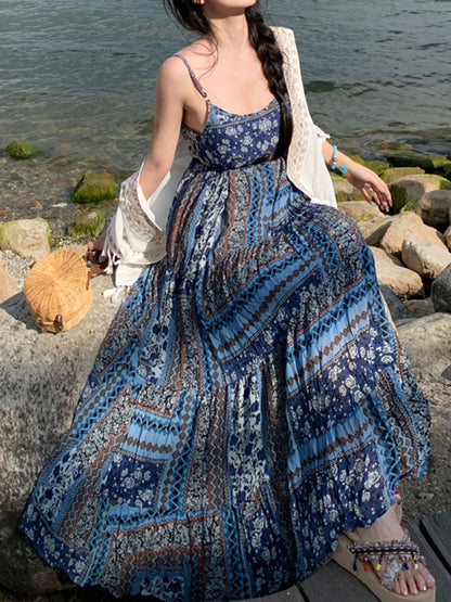 Onbely robe longue imprimé à fleurie à fines brides bohème bleu