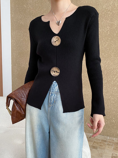 Onbely pull en maille moulante Col en V boutons pour femme mode