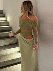 Onbely robe longue moulante en tulle avec épaules dénudées manches longues en maille effet ajouré décontractée robe de bal