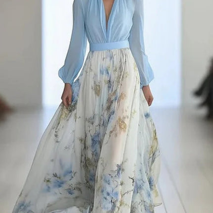 Onbely robe longue imprimé floral col en V manches bouffantes manches longues taille marquée élégant mode anniversaire cérémonie