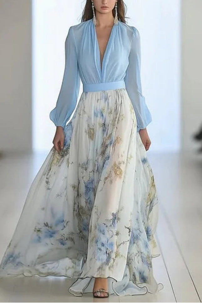 Onbely robe longue imprimé floral col en V manches bouffantes manches longues taille marquée élégant mode anniversaire cérémonie