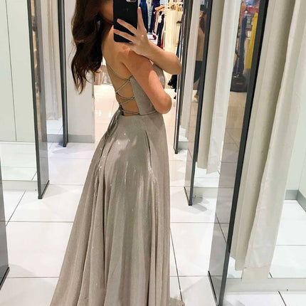 Onbely robe femme longue brillante à paillettes décolleté plongeant fluide dos nu à fines bretelles sans manches de soirée