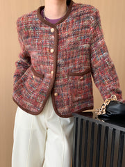 Onbely women's red elegant Christmas checkered tweed jacket with contrasting piping