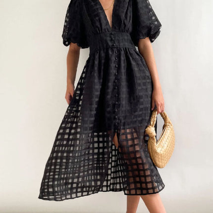 Onbely Robe Mi-Longue à Carreaux avec Col en V et Manches Bouffantes