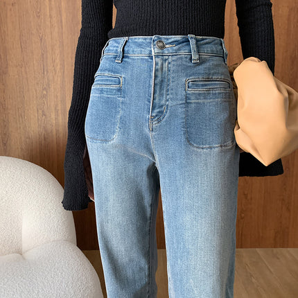 Onbely Jeans Flare Évasé avec Poches et Fermeture Éclair pour Femme Style Mode