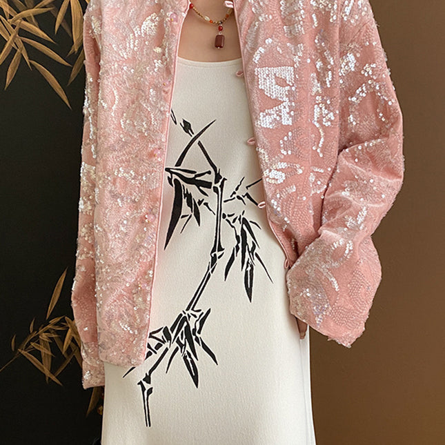 Onbely Manteau en velours rose avec col montant et manches longues en sequins scintillants