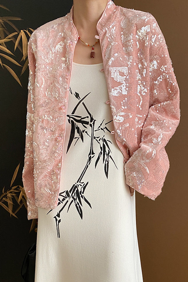 Onbely Manteau en velours rose avec col montant et manches longues en sequins scintillants