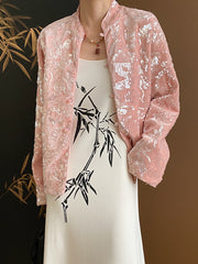 Onbely Pink velvet coat with stand-up collar and long sleeves in sparkling sequins