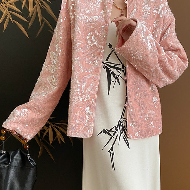 Onbely Manteau en velours rose avec col montant et manches longues en sequins scintillants