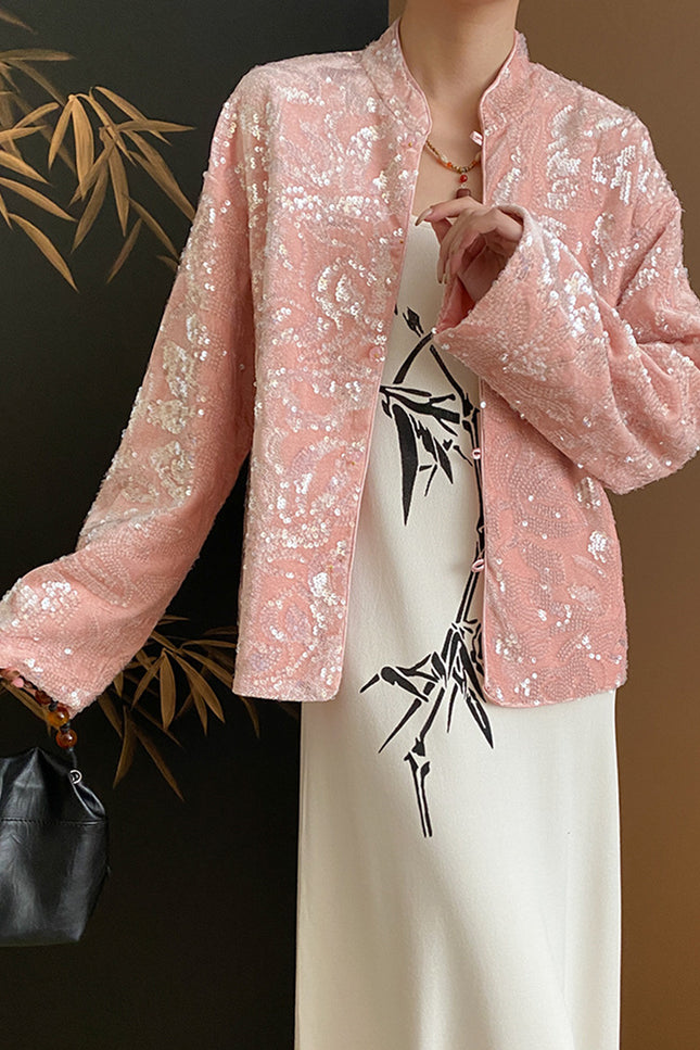 Onbely Manteau en velours rose avec col montant et manches longues en sequins scintillants