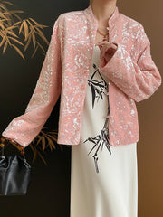 Onbely Pink velvet coat with stand-up collar and long sleeves in sparkling sequins