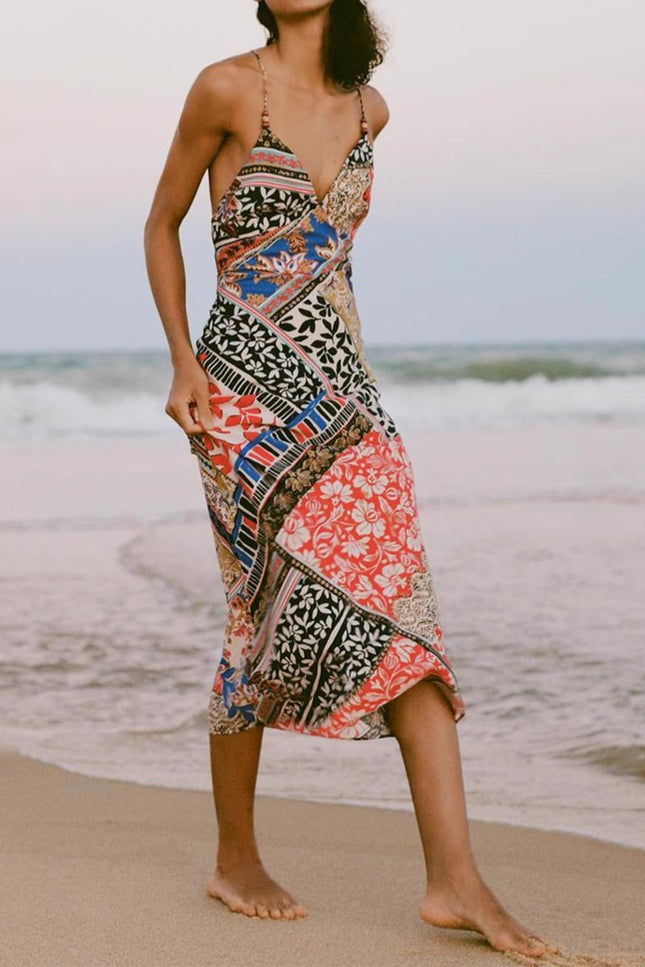 Onbely robe longue trapèze imprimé à fleurie dos nu à fines brides col en V mode vacances plage