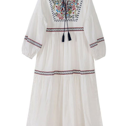 Onbely robe longue brodée bohème casual à manches longues col carré pour vacances et plage boho dress