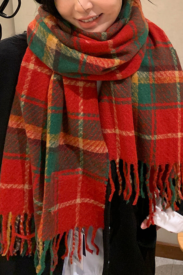 Onbely écharpe à carreaux rouges et verts avec frange pour noël