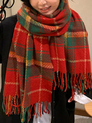 Onbely Red and Green Plaid Scarf with Fringe for Christmas