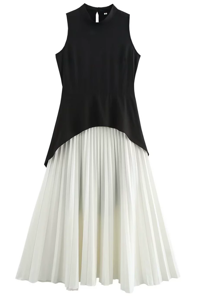 Onbely Robe Midi Bicolore noir et blanc plissé Sans Manches col rond Cocktail