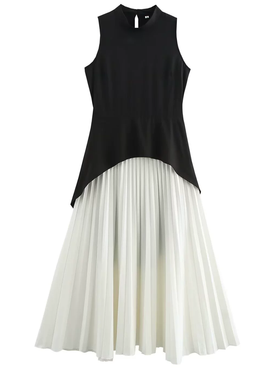 Onbely Robe Midi Bicolore noir et blanc plissé Sans Manches col rond Cocktail