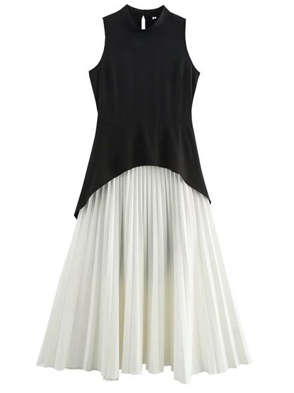 Onbely Robe Midi Bicolore noir et blanc plissé Sans Manches col rond Cocktail