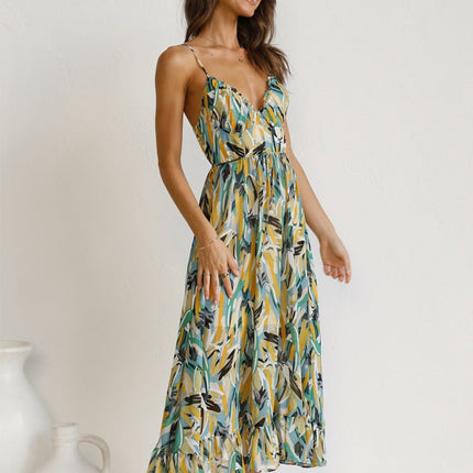 Onbely mi-longue robe imprimé à fleurie dos nu à fines brides col en V doux mode tous les jours vacances boho dress