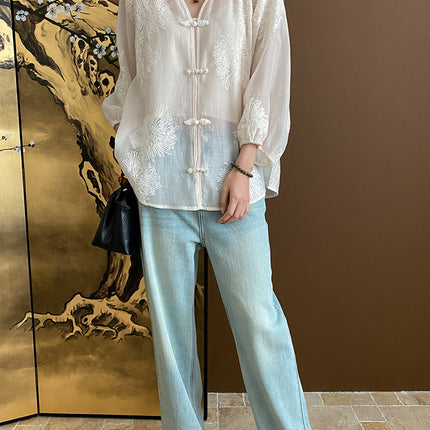 Onbely blouse 2-In-1 bouton chinois à nœud brodée