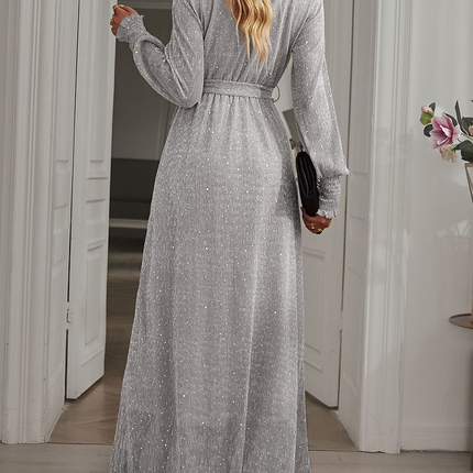 Onbely robe longue de soirée fendu le côté ceinture brillante paillette manches longues