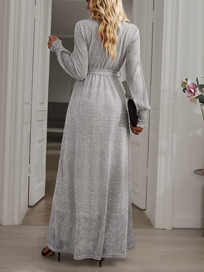 Onbely robe longue de soirée fendu le côté ceinture brillante paillette manches longues