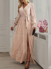 Onbely robe longue fendu le côté brillante paillette ceinture v-cou manches longues élégant de soirée pour mariage