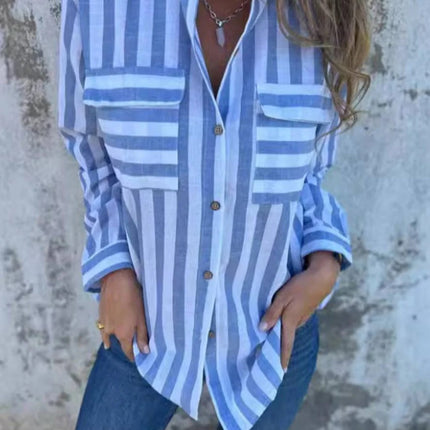 Onbely blouse femme élégante décontractée rayée col polo manches longues boutonnage poches mode