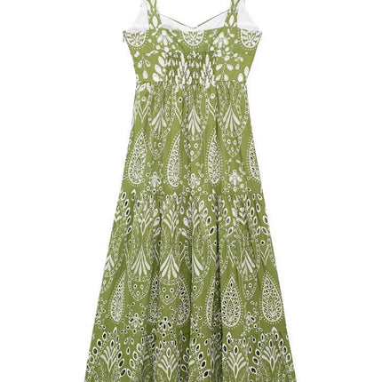 Onbely robe de soirée longue brodée motif cachemire vert sans manches à fines brides pour bal et plage -boho dress