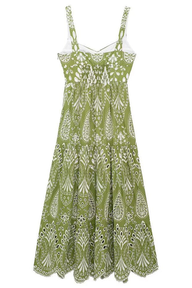 Onbely robe de soirée longue brodée motif cachemire vert sans manches à fines brides pour bal et plage -boho dress