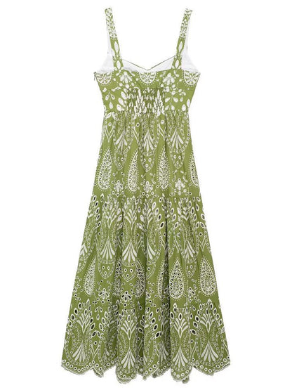 Onbely robe de soirée longue brodée motif cachemire vert sans manches à fines brides pour bal et plage