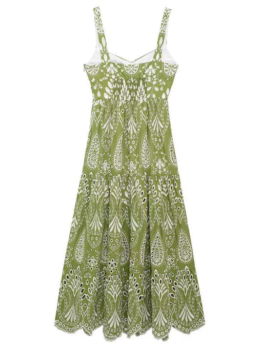 Onbely robe de soirée longue brodée motif cachemire vert sans manches à fines brides pour bal et plage