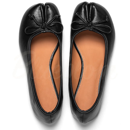 Ballerines Tabis à Bout Fendu Noir en Cuir avec Nœud