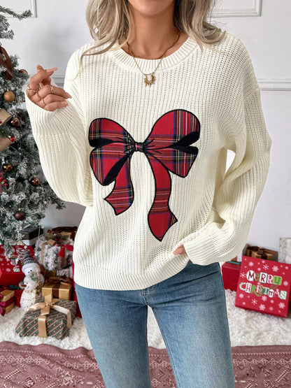 Pull de Noël à épaules tombantes avec nœud