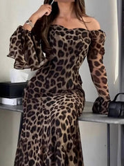 Onbely robe longue en mousseline imprimé léopard épaules dénudées col licou dos nu manches longues évasées femme élégante pour bal de promo