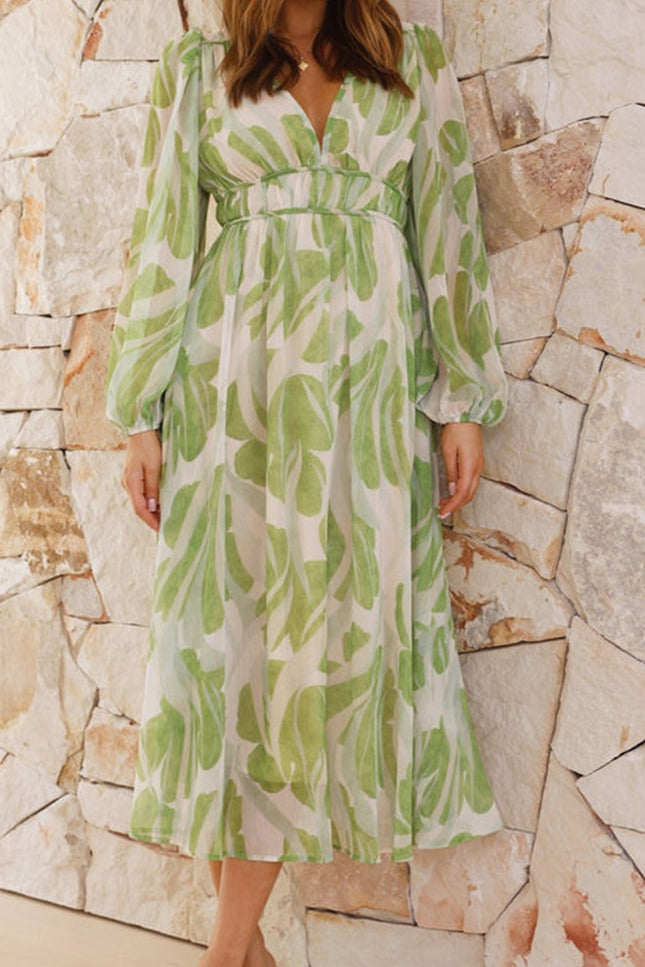 Onbely robe longue imprimé tropicale mousseline v-cou manches longues mode vacances