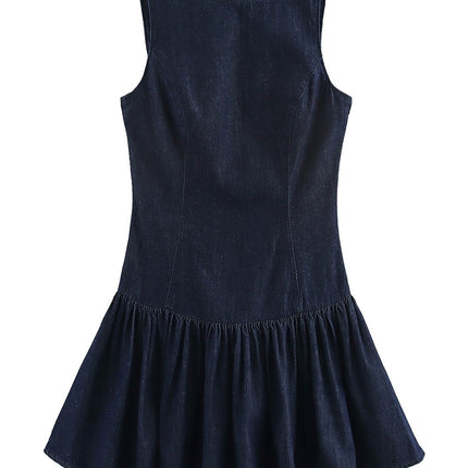 Onbely mi-longue robe trapèze unicolore plissé col rond mode doux tous les jours vacances