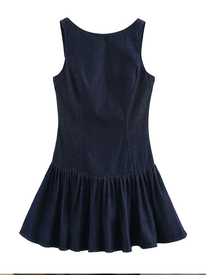 Onbely mi-longue robe trapèze unicolore plissé col rond mode doux tous les jours vacances