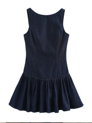 Onbely mi-longue robe trapèze unicolore plissé col rond mode doux tous les jours vacances