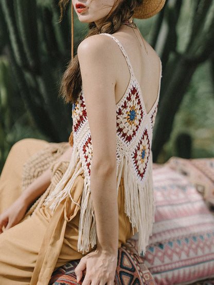 Onbely Débardeur Bohème en Crochet avec Franges Décoratives pour Vacances et Plage