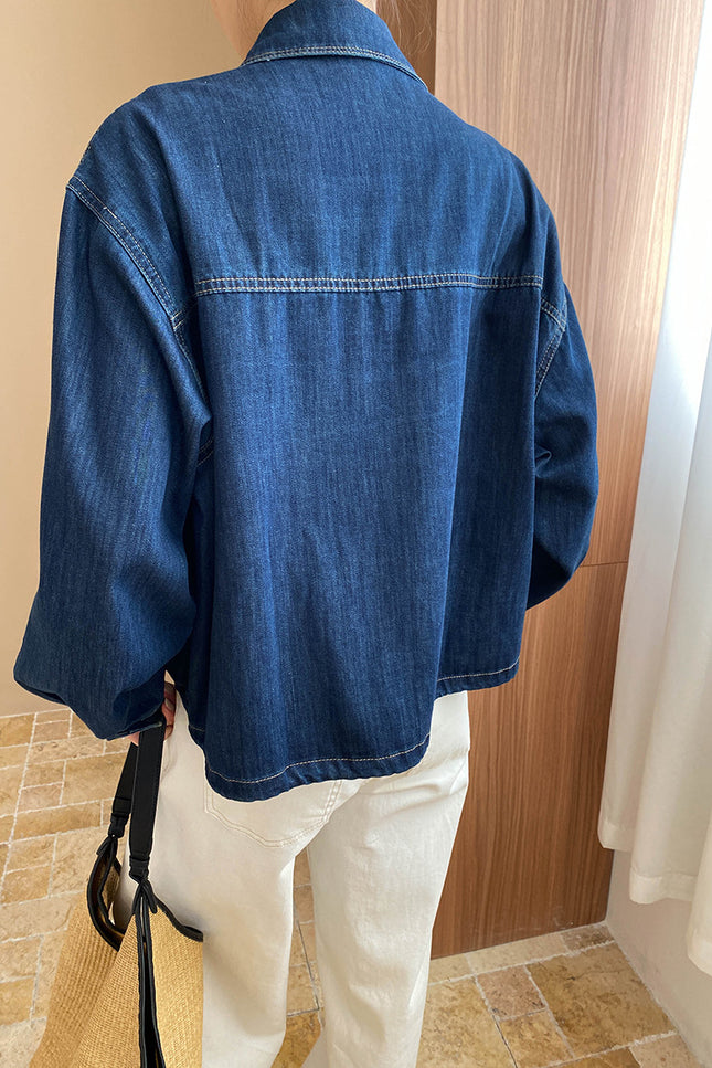 Onbely veste en denim bleu boutonnage avec poches col chemise femme mode