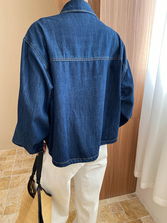 Onbely veste en denim bleu boutonnage avec poches col chemise femme mode