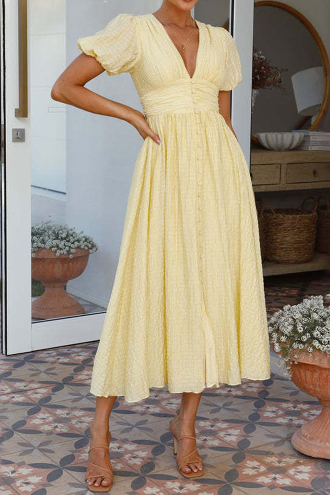 Onbely robe longue boutonnage v-col manches bouffantes élégant